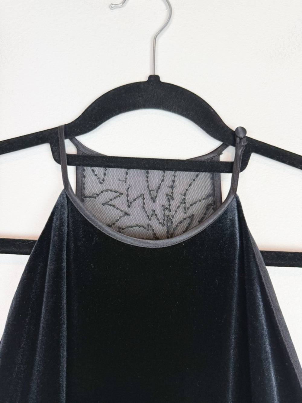 Vintage 90s Black Velvet High Neck Mesh Cutout Beaded Gown Full Length Dress - Picture 6 of 12